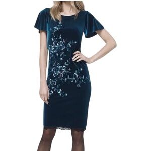 White House Black Market Velvet Embroidered Dress Med. Blue Floral Lace Hem WHBM